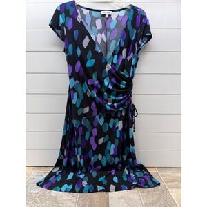 Jones Studio Womens 10 Faux Wrap Dress Abstract Purple Teal Ruched V-Neck Knee